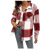 Womens Casual Plaid Flannel Shacket Jacket Oversized Button Down Long Sleeve Fall Shirt Jacket Coats Shirts