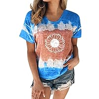 Workout Tops for Women Funny Floral Printed Short Sleeve Crew Neck Tee Retro Travel Plus Size Tops for Women