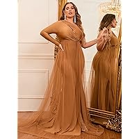 Dresses for Women 2023 Plus One Shoulder Mesh Overlay Prom Dress (Color : Brown, Size : X-Large)