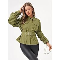 Women's Jackets Jackets for Women Flap Detail Ruched Sleeve Buckle Belted Jacket Lightweight Fashion (Color : Army Green, Size : Small)