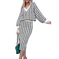 Pink Queen Women's 2 Piece Outfits Set Knit V Neck Batwing Long Sleeve Loose Top Bodycon Midi Skirt Sweater Dresses