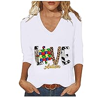 Womens Autism Awareness Shirts Funny Leopar Love Autism Puzzle Print Tees 3/4 Sleeve V Neck Pullover Tops Blouse