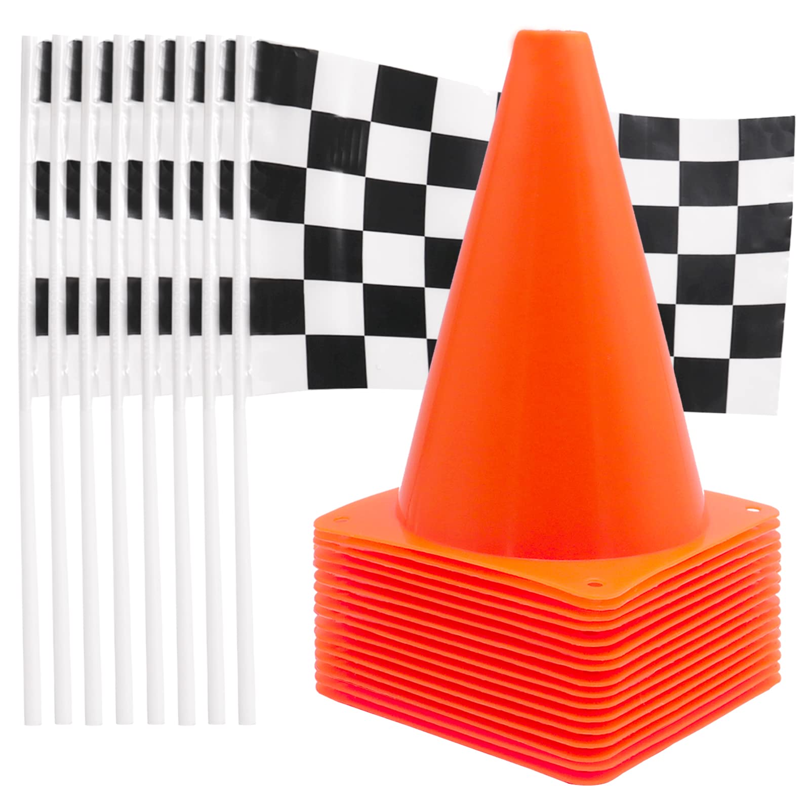 Panxxsen 40 Pcs Traffic Cones and Racing Checkered Flags,20-7 Inch Sports Cones and 20 Black and White Flags with Sticks,Racing Car Party Supplies Kids Birthday Party Decorations