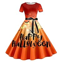 2023 Womens Pleated Dress Round Neck Halloween Costumes Short Sleeve High Waisted Dress Big Swing Graphic Dress