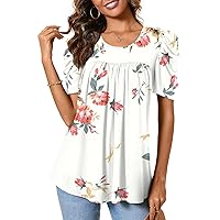 Anydeer Women Tunic Top Summer Short Puff Sleeve Chest Pleated T-Shirt Casual Blouse Loose Tee