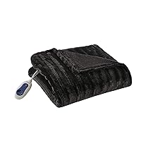 Beautyrest Duke Blanket Luxury Oversize Electric Throw Premium Soft Cozy Brushed Long Faux Fur for Bed, Couch with 3 Heat Setting Controller, Auto Shut-Off Function, Black, 50 in x 70 in