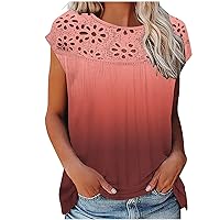 Womens Summer Tops 2023 2024 Lace Patchwork Cut Out Shirt Blouse Short Sleeve Round Neck Tunic Tees Baggy Clothes
