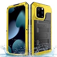 Compatible with iPhone 15 Pro Max IP68 Waterproof Case Metal Rugged with Screen Protector Kickstand Military Full Body Heavy Duty Dustproof Defender Sturdy Case for Underwater (Yellow)