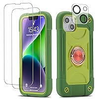 for iPhone 14 Plus Case 6.7 Inch with Ring Stand, with 2 Pack Glass Screen Protector + 1 Pack Camera Lens Protector,Heavy-Duty Shockproof Military Grade Rugged Cover (Avocado)