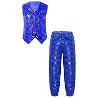 TiaoBug Boys Girls Sequins Hip Hop Jazz Modern Street Dance Outfits Sleeveless Vest Waistcoat Jacket with Pants Set
