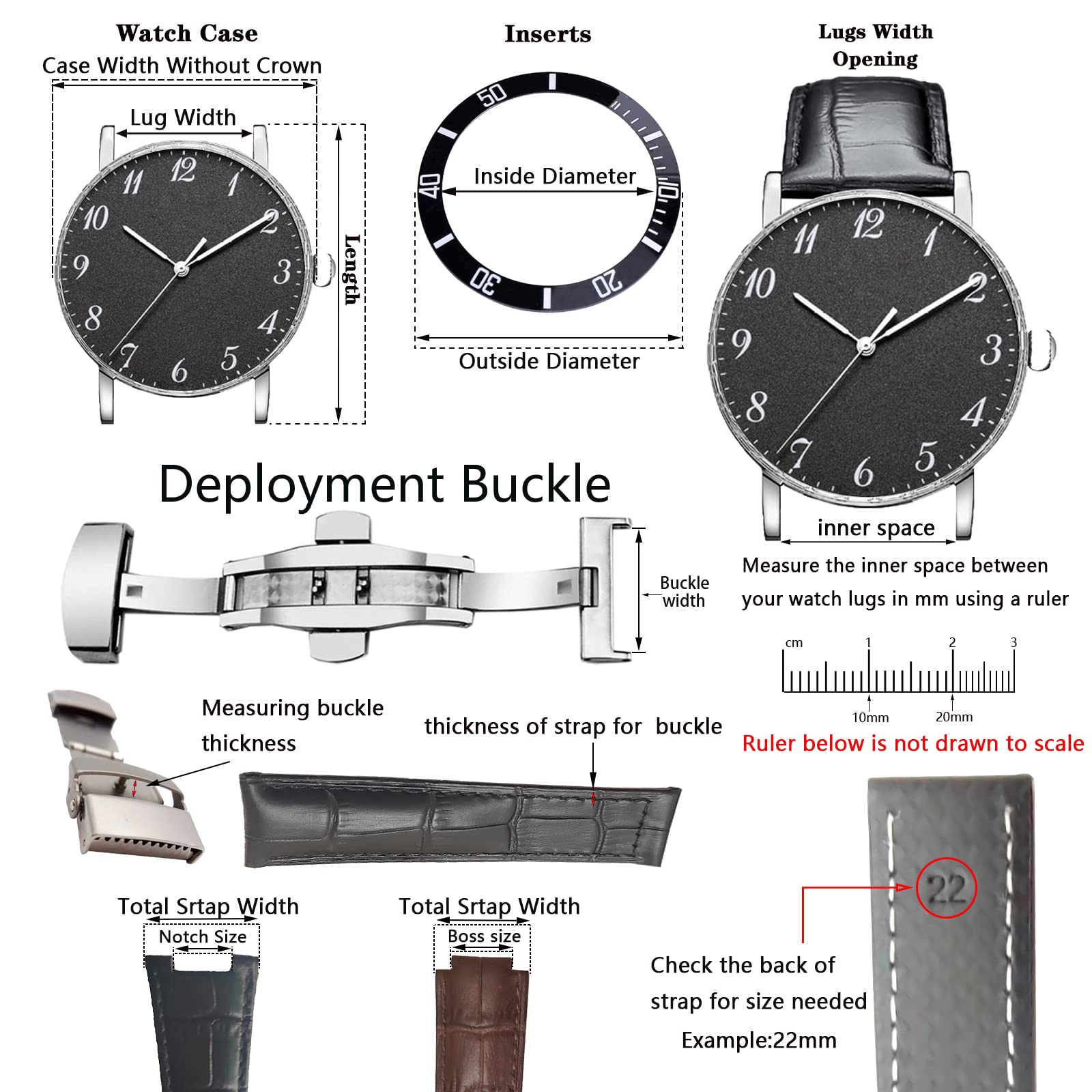 Hooxue Black/White Rubber Watch Band Silicone Strap deployment clasp Compatible with 20mm Must Cartier 21 Chronoscaph Autoscaph Quartz