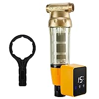 iSpring WSP100ARB Spin Down Sediment Water Filter, Reusable with Touch-Screen Auto Flushing Module and Built-in Housing Scraper, Brass Top Clear Housing, 100 Micron