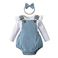 KuKitty Newborn Infant Baby Girl Clothes Solid Ribbed Ruffle Sleeve Top and Overall Shorts with Headband
