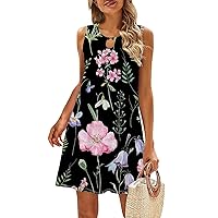 Vacation Dresses for Women, Summer Floral Printing Sexy Mini Dress with Pocket Keyhole Neck Sleeveless Boho Dresses