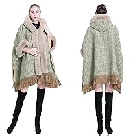 Tassels Soft Faux Fur Cape Coat Hooded Thicken Lining Knit Blends Overcoat Cloak Winter Women Wraps Warm Long