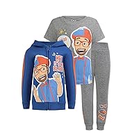 Blippi Boys 3 Piece T-Shirt, Zip Up Hoodie and Pants Set for Toddler and Little Kids – Blue/Grey