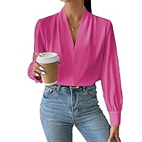 EVALESS Long Sleeve Shirts for Women Trendy V Neck Summer Tops Dressy Casual Chiffon Blouses Loose Fit Work Office Blouse Top