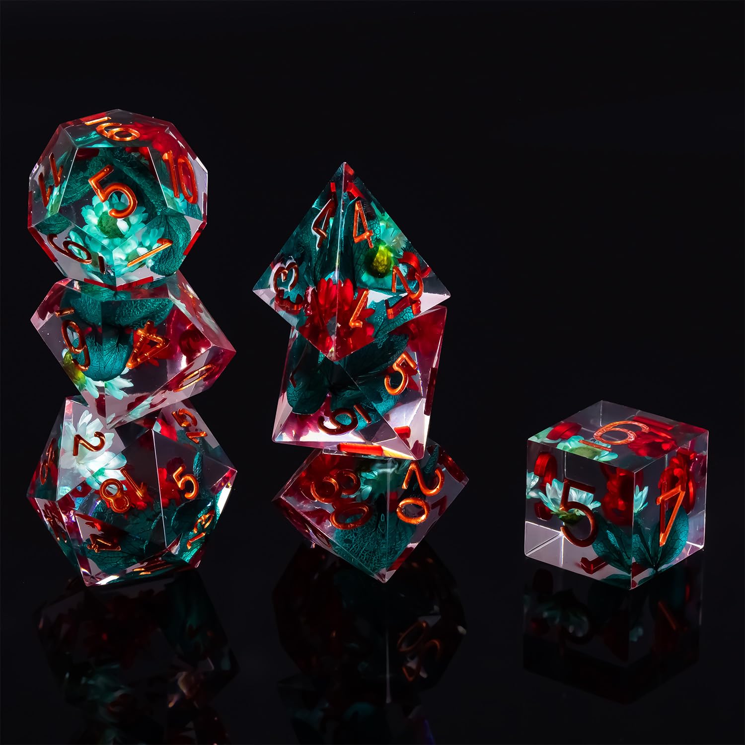 DND Sharp Edge Dice Set, 7 Piece Resin Dice Set, Polyhedral Dice Set for Dungeons and Dragons Dice,D&D Dice Set, RPG Role Playing D and D Dice D20 D12 D10 D8 D6 D4 with Gift Box (Red Flowers)