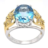 18k Yellow Gold and Sterling Silver Genuine Swiss Blue Topaz and Cubic Zirconia Ring, Size 7
