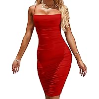 BEAGIMEG Women's Sexy Spaghetti Strap Bodycon Ruched Club Mini Party Dress