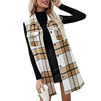 Women's Brushed Flannel Plaid Vest Button Down Sleeveless Shacket Shirt Jacket