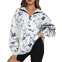 XHRBSI Womens Zip Hoodie Women's Casual Fashion Long Sleeve Flower Print Oversize Zip Sweatshirt Top