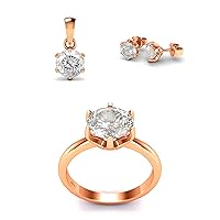 6.00 ct Round Portuguese Cut 161 Facets Moissanite Solitaire 925 Sterling Silver Rose Gold Vermeil Ring Pendant Earring Set (E-F Color, VS Clarity)