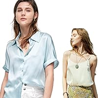 Women's Pure Silk Short Sleeve Green Button Down Shirts and Womens White Silk Camisole, Solid Blouse and Casual Elegant Shirt for Business Outfits Fashion Tops for Summer Fall Work Beach,S