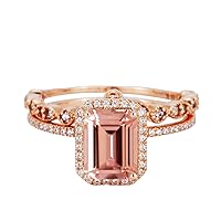 2 carat Emerald Cut Morganite Halo Engagement Ring Bridal Ring Set