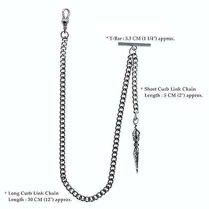 watchvshop Albert Chain Silver Tone Pocket Watch Chain Vest Chain with Ancient Phurba Design Fob on Drop T Bar Swivel Clip AC124A