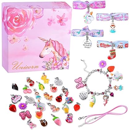 DIY Charm Bracelets for Girls, Girls Jewelry Link Chain Bracelet Necklace Keychain Hair Ties with 26 PCs Random Removable Charms for Kids Teen Girls Women