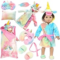 American 18 inch Doll Clothes and Doll Sleeping Bag Set - Rainbow Unicorn Doll Costume with Unicorn Style Sleeping Bag, Pillow, Eye Mask Slumber Party Accessories Fits 18 Inch Doll
