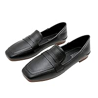 Women's Classic Slip on Flats Vintage Closed Square Toe Office Loafers Chunky Low Heel Walking Shoes