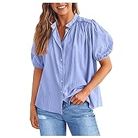 Summer Button Down Dressy Shirts Women Puff Short Sleeve V Neck Casual Loose Blouses 2024 Fashion Lace Trim Tee Tops