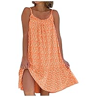 Resort Dress, Round Neck Summer Sundresses Casual Floral Print Knee Length Sleeveless Spaghetti Strap Dress Womens Casual Dresses Plus Size Spring for Women Dresses Maxi (5XL, Orange)