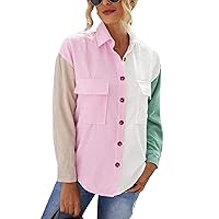 Women's Color Block Long Sleeve Corduroy Button Down Boyfriend Shirt Blouses