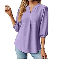Women's Summer V Neck Puff Half Sleeve Blouse Fashion Jacquard Business Casual Tops Loose Tunic Plain Shirts