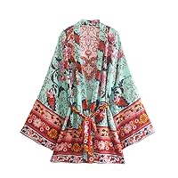 Vintage Black Floral Print Short Robes Casual Beach Cover Ups Blusas Belt Gypsy Style Hippie Women Kimono
