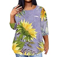 Plus Size Tshirts for Women Plus Size Tops for Women Sunflower Print Casual Fashion Trendy Loose Fit with 3/4 Sleeve Round Neck Shirts Light Purple 4X-Large