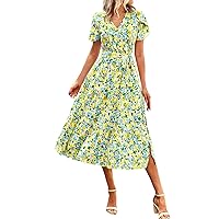 Womens Sundresses Summer Floral Short Sleeve Wrap V Neck A-Line Midi Dress