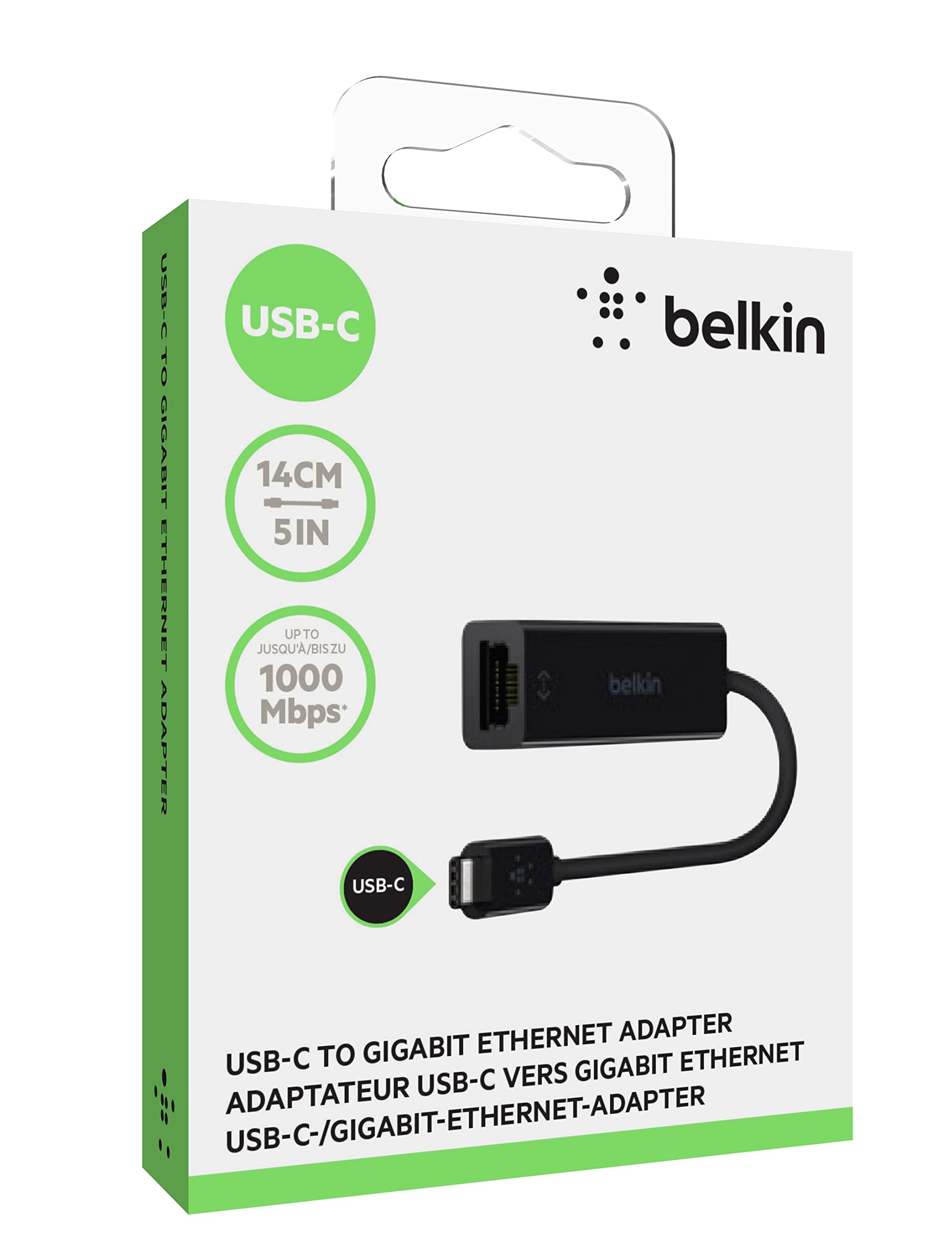 Belkin USB C To Ethernet Adapter - Gigabit Ethernet Port Compatible with USB C Devices - USB C to Ethernet Cable For MacBook Pro & Dell XPS 13” Laptops - Ethernet USB C Hub - Ethernet USB C Adapter