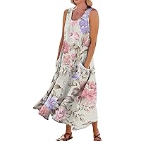 Summer Dresses for Women 2024 Plus Size Bohemian Dress for Women 2024 Floral Print Casual Loose Fit Linen with Sleeveless U Neck Pockets Dresses Red Medium