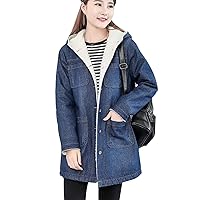 Flygo Womens Boyfriend Sherpa-Lined Mid Long Hooded Denim Trucker Jacket Jean Coat Outwear