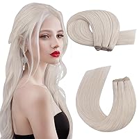 Moresoo Sew in Hair Extensions Real Human Hair Blonde Hair Extensions Sew in Human Hair Weft Hair Extensions Blonde Human Hair Sew in Extensions Double Weft 20 Inch 100 Gram #60A White Blonde
