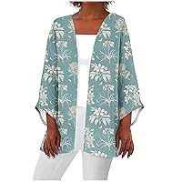 Women's Light Weight Kimono Cardigans Open Front 3/4 Sleeve Kimono Sheer Beach Cover Up Blue
