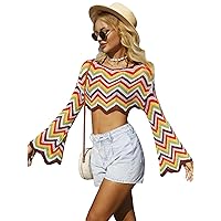 Floerns Women's Colorblock Striped Boat Neck Flare Long Sleeve Bikini Cover Up Crop Top
