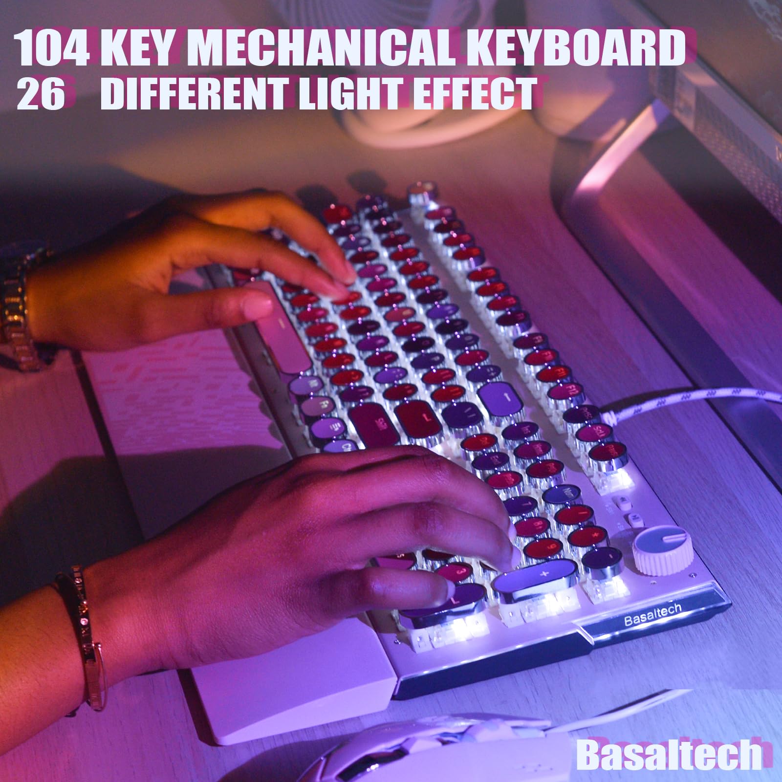 Lipstick Mechanical Gaming Keyboard, Round Keys Vintage Mechanical Keyboard with White LED Backlit, Blue Switch 104-Keys Wired USB Metal Panel Typewriter Keyboard