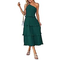 MEROKEETY Women's Summer One Shoulder Sleeveless Pleated Ruffle Tiered Layered Chiffon Party Dress