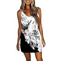 Summer Dresses for Women Boho Casual Loose Sling Sleeveless V-Neck Solid Colors Mini Sun Beach Dress with Pockets