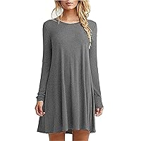 Andongnywell Women's Long Sleeve Pockets Casual Swing T-Shirt Dresses Solid Colors Simple Loose Dress (Gray,Medium)